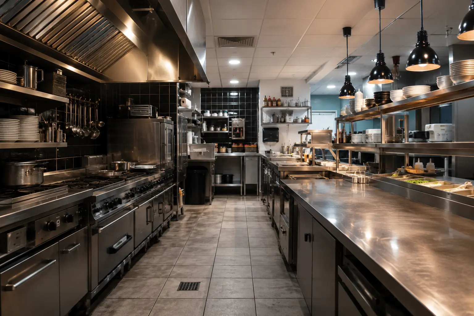 Pest control technician inspecting a commercial restaurant kitchen