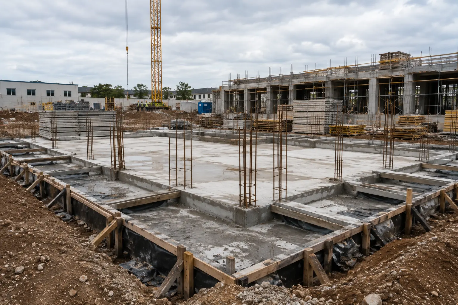 Pest control technician applying soil treatment on a construction site before slab pour