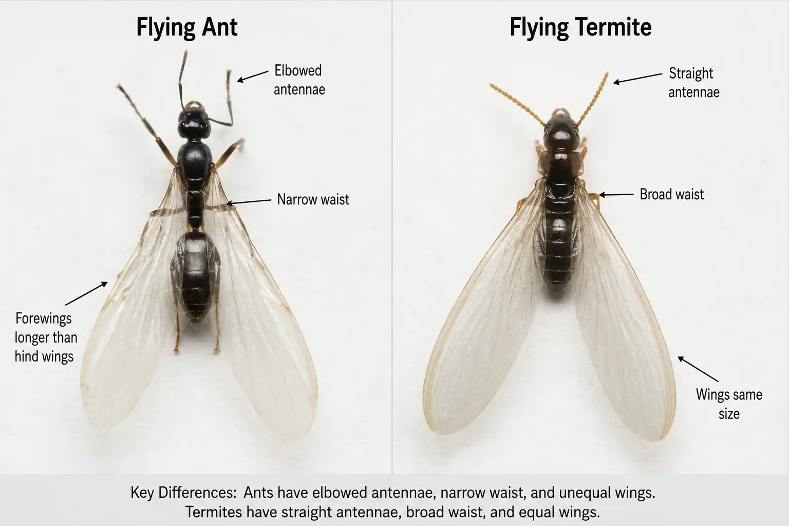 Close comparison of a winged ant and a termite swarmer